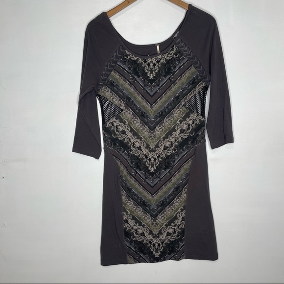 Free People Out Of Africa 3/4 Sleeve Body con Mini Dress - Picture 2 of 9